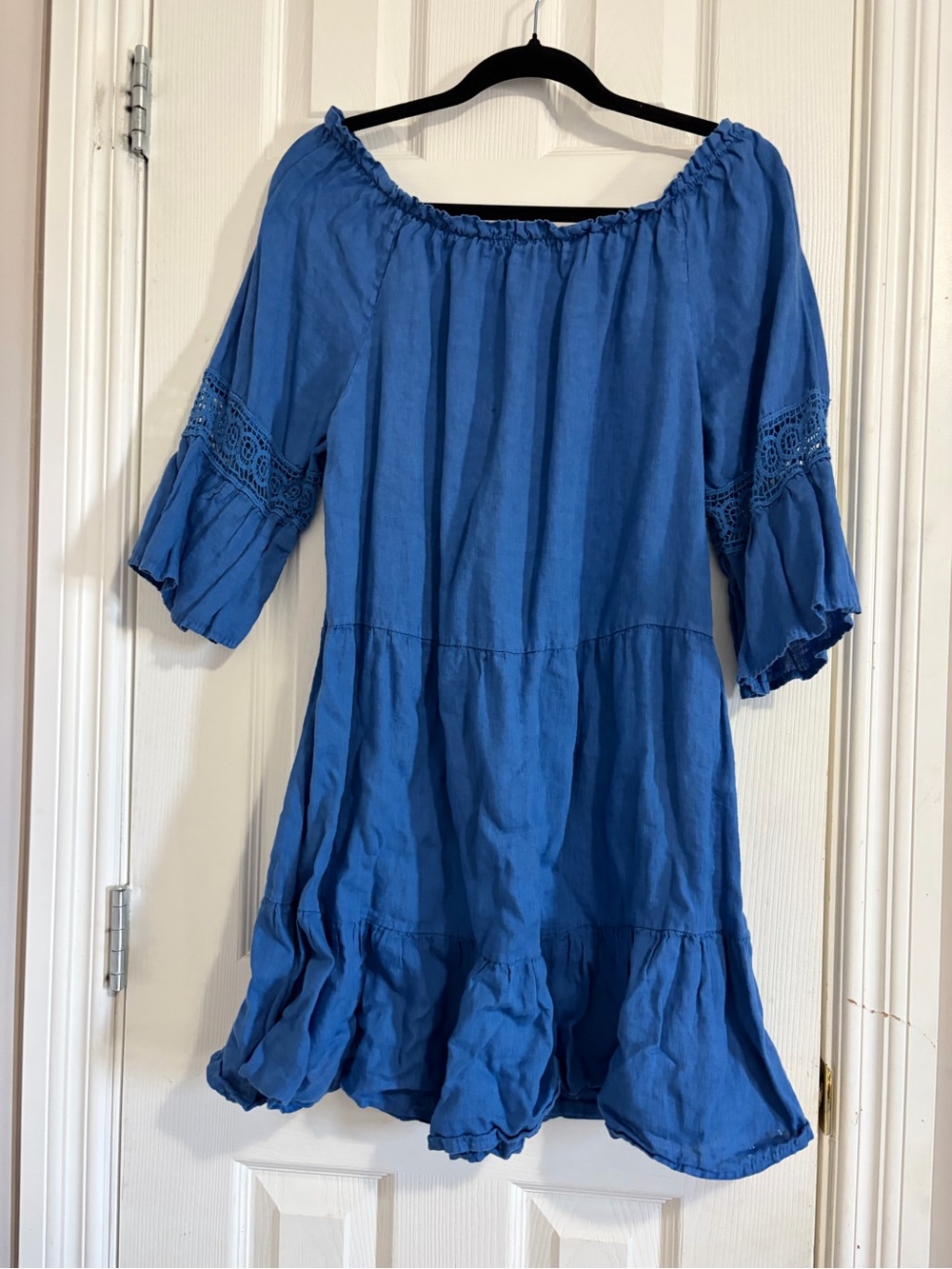 Linen/Cotton Blue Off-Shoulder Ruffle Hem Dress
